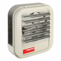 This Dayton unit heater is a standard suspended electric heater for wall or ceiling mounting. It operates on 480 V AC, 3-Phase power and measures 16 in x 14 in x 8-1/2 in (H x W x D). Typical applications include heating commercial and industrial spaces such as warehouses, workshops, and garages.
