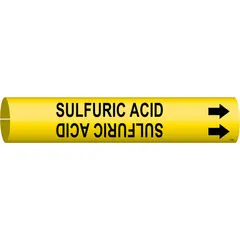 Yellow snap-on pipe marker with black legend reading 'Sulfuric Acid' and directional arrows. Fits pipe outer diameters of 4 to 6 inches. Used to identify sulfuric acid lines in industrial piping systems for safety and compliance.