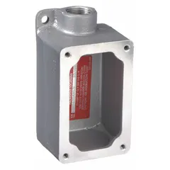 This 1-gang hazardous location electrical box is constructed of copper-free aluminum for corrosion resistance. It features a 3/4-inch dead end hub and is designed for use in environments where flammable gases, vapors, or dust may be present. Suitable for mounting and protecting electrical connections in industrial settings.