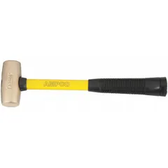 Nickel-aluminum-bronze mallet with a fiberglass handle, round face, and natural finish. Head diameter 2 in, head length 3 in, head weight 2 1/4 lb, overall length 14 in. Nonsparking construction suitable for use in hazardous environments where ignition from sparks must be avoided.