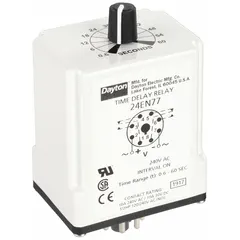 This socket-mounted time delay relay from Dayton operates in interval mode, rated for 240V AC and 10 A. It features 8 pins/terminals for connection to a relay socket. Typical applications include timing control in industrial circuits such as motor sequencing, conveyor control, and process automation.