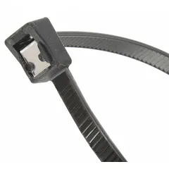 Black cable ties with an integrated tail clipper that trims the excess tail flush, eliminating the need for separate cutting tools. Each tie has a nominal length of 8 inches and a maximum bundle diameter of 2 inches. Suitable for outdoor use. Supplied in a pack of 20.