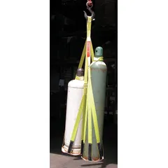 Nylon sling for lifting metal gas bottles. Yellow finish, rim grip location. Rated for 1,000 lb capacity, fits drums with 12 in minimum to maximum diameter. Used in industrial gas handling and welding operations.