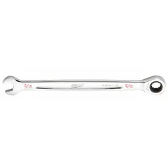 Chrome vanadium steel wrench with chrome finish. Features a 5/16 in SAE 12-point ratcheting box end and standard combination design. Used for tightening and loosening fasteners in mechanical and industrial maintenance applications.
