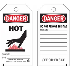 White danger tags with black/red markings, supplied as a 10-pack. Each tag includes pre-printed fields for 'Hot Signed By: Date:' and 'Danger/Do Not Remove This Tag Remarks.' Fastened with cable ties for secure attachment. Used in lockout/tagout procedures to identify hazardous energy sources and prevent accidental equipment startup.