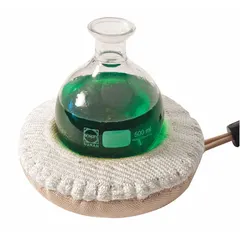 Fiberglass cloth heating mantle for 50 mL round-bottom flasks. Maximum temperature 450°C, maximum wattage 60 W. Includes 3-inch lead wire with NEMA L1-15R connector. Controller not included or required. Used for uniform heating in chemical synthesis, distillation, and reflux.
