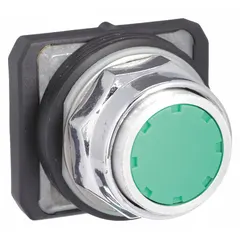 This flush-mount push-button operator features a green non-metallic construction and momentary action. Designed for 30 mm panel openings, it is used in industrial control panels and machinery to provide temporary circuit closure for start or reset functions.