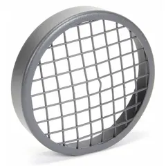 This steel inlet guard features a baked enamel finish and 1/2-inch wire spacing. It has a 5-inch outside diameter and includes mounting hardware. Designed for use with compatible equipment, it helps protect inlet openings from debris and accidental contact while maintaining airflow. OSHA compliant.
