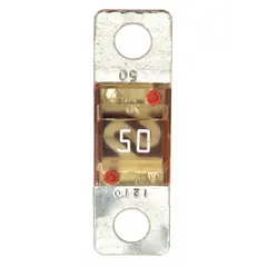 Two-hole bolt-on fast-acting fuse rated 50 A at 32 V DC. Non-indicating. Suitable for overcurrent protection in automotive electrical systems, such as battery, alternator, or distribution circuits.