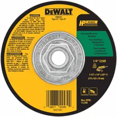 This DEWALT grinding wheel is a Type 27 depressed center wheel with dimensions 4-1/2" x 1/4" x 5/8"-11. It features silicon carbide abrasive with 24 grit, suitable for grinding concrete and masonry surfaces. The wheel is designed for fast material removal on hard, brittle materials such as stone and concrete blocks.