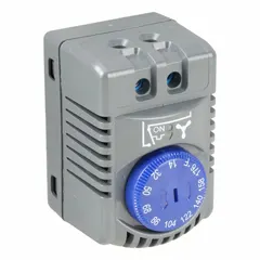 DIN rail-mountable thermostat with adjustable temperature range from 14°F to 176°F. Open on Rise switch action for cooling-only applications. Used to control fans or vents inside electrical enclosures to prevent overheating.