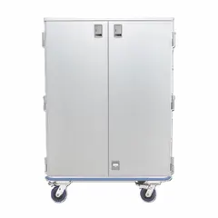 Surgical case cart with rubber and stainless steel construction. Equipped with two swivel and two total locking casters in silver finish. Used for transporting surgical instruments and supplies within healthcare facilities.