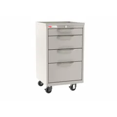 Polymer cart with taupe cabinet and 4 white drawers, equipped with (2) swivel casters. Suitable for organizing and transporting medical supplies in clinical settings.