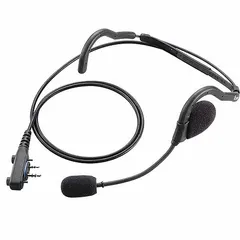 Behind-the-head earpiece with extended microphone for discreet two-way radio communication. Single-wire design with two-pin connector compatible with ICOM F1000 series radios. No push-to-talk function. Suitable for covert monitoring in security and event settings.
