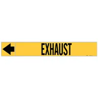 Yellow adhesive pipe marker with black legend text reading 'Exhaust' and directional arrows. Designed for pipes with outer diameter of 1-1/2 to 2 inches. Each roll contains 25 markers. Used to identify exhaust piping in industrial facilities for safety and compliance