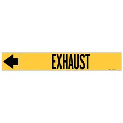 Yellow adhesive pipe marker with black legend text reading 'Exhaust' and directional arrows. Designed for pipes with outer diameter of 1-1/2 to 2 inches. Each roll contains 25 markers. Used to identify exhaust piping in industrial facilities for safety and compliance.