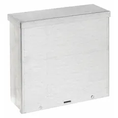 WIEGMANN RSC121204G is a NEMA 3R rated steel enclosure with a solid, galvanized screw-on cover. It measures 12 x 12 x 4 inches and includes knockouts for conduit entry. The enclosure uses clamps for secure closure and is suitable for protecting electrical controls, terminals, and instruments in indoor or outdoor applications where protection from rain, sleet, and dirt is required.