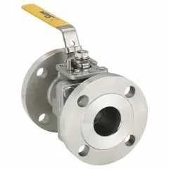 This SHARPE ball valve features a 316 stainless steel straight valve body with Class 150 flange connections. It has a polymer seat and a locking lever handle for manual on/off control. Suitable for industrial piping systems handling liquids, gases, or steam.