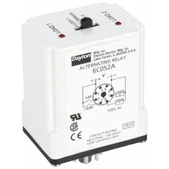 This Dayton alternating relay is a plug-in device with an octal base, designed for socket mounting. It features DPDT contacts rated at 10 A for 240V AC and 10 A for 28V DC. Commonly used in industrial control systems to alternate operation between two loads, such as pumps or compressors, to balance run time and reduce wear.