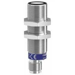 This cylindrical sensor features an M18 threaded housing and a built-in 5-pin M12 connector. It operates on a 10-30V DC supply voltage and provides a PNP output. Typical applications include non-contact object detection, presence sensing, and distance measurement in industrial automation and manufacturing environments.