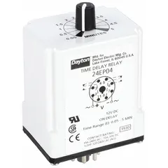 This Dayton socket-mounted time delay relay provides an On Delay function, operating on 12V DC with a 10 A contact rating. It features 8 pins/terminals for connection. Typical applications include industrial control panels, motor starting sequences, conveyor systems, and HVAC controls where a timed delay after power application is required.