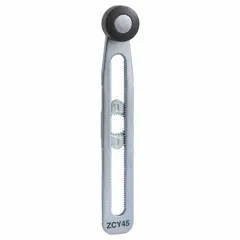 Rotary lever roller actuator with front roller position. Adjustable arm with maximum operator length of 4 inches. Compatible with XCKP series limit switches. Used for mechanical position sensing in industrial automation, packaging, and material handling systems.