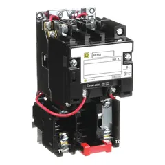 Non-reversing magnetic motor starter with thermal overload protection for single-phase motor control. NEMA Size 1, 27 A, 2 poles, 240V AC coil. Screw clamp terminals. Requires one melting alloy thermal unit (not included). Suitable for starting and stopping motors in industrial applications such as conveyors, pumps, and fans.