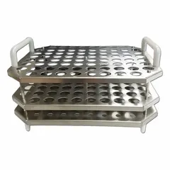 This stainless steel test tube rack in silver finish is designed for benchtop use in laboratories. It securely holds up to 76 tubes, providing organized storage and easy access during sample preparation, analysis, or transport.