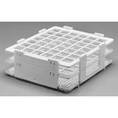 Benchtop vial rack made of white polypropylene, holding up to 42 sample vials. Overall dimensions: 1 3/4 in height, 5 1/8 in length. Used in laboratories for organizing and storing vials during testing, analysis, or transport.