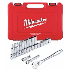 This 28-piece metric socket set includes 1/2 in drive tools and 6-point sockets ranging from 10 mm to 24 mm. The friction retention mechanism secures sockets on the drive. Suitable for tightening and loosening fasteners in automotive repair, machinery maintenance, and industrial assembly.