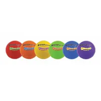 Youth volleyball set with six foam balls in blue, green, orange, purple, red, and yellow. Each ball has a 7 1/2 in diameter, suitable for recreational play and skill development in indoor or outdoor settings