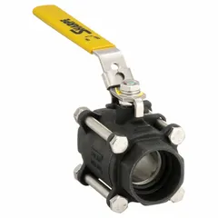 This SHARPE ball valve is a straight, three-piece carbon steel valve with socket x socket connections. It features a polymer seat and a locking lever handle for manual on/off flow control. Suitable for industrial piping systems handling liquids, gases, or steam.