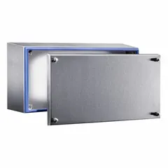 This RITTAL enclosure is constructed from 304 stainless steel with a solid cover secured by screws. It measures 8 x 16 x 5 inches and is rated NEMA 1/12/13/3/3X/4/4X, suitable for indoor or outdoor use where protection against corrosion, dust, water, and ice is required. Knockouts are not included.