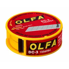 This yellow plastic blade disposal container mounts on a surface for convenient access. It holds approximately 50 9mm blades (650 edges), 10 18mm blades (80 edges), 5 25mm blades (35 edges), or 30 RSKB Safety Blades. Used for collecting spent utility-knife blades to reduce cut injury risk.