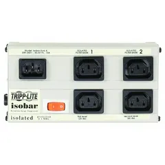 White industrial surge protector with 4 outlets, 640 J surge energy rating, and 9 A current capacity. Includes a 6 19/32 ft cord and keyhole mounting for secure installation. Suitable for power distribution and surge protection in workbench, rack, or manufacturing floor applications.