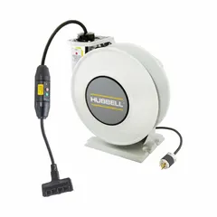 Self-retracting cord reel with ratchet lock mechanism for managing and storing a 45 ft, 12 AWG SJO extension cord. Feeder cord ends in a NEMA 5-20P plug; retractable cord ends in a NEMA 5-20R outlet. Suitable for powering tools and equipment in industrial and commercial settings.