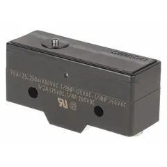 Pin plunger snap-action switch from the Z series with 1NO/1NC contact configuration. Rated for 15 A at 480 V AC with screw electrical connection. Suitable for position sensing, limit switching, and interlock applications in industrial automation.