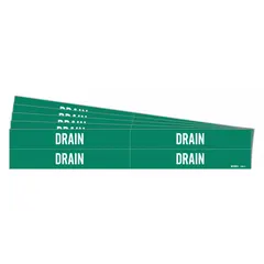 Green adhesive pipe marker with white legend reading 'Drain,' designed for pipe outer diameters from 3/4 to 2-3/8 inches. Each pack contains 4 markers without directional arrows, suitable for identifying drain lines in industrial piping systems.