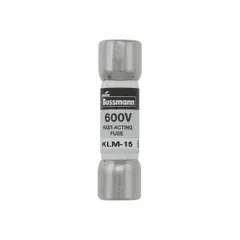 Fast-acting cylindrical fuse rated 15 A at 600 V AC and 600 V DC. Midget size with 13/32 in x 1 1/2 in dimensions. Used for overcurrent protection in industrial control panels, motor circuits, and power supplies.