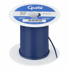 Single-conductor 22 AWG primary wire with blue PVC insulation, rated for 60 V. Supplied on a 100 ft spool. Suitable for low-voltage wiring in automotive, trailer, marine, and general electrical applications such as connecting lights, switches, and accessories.