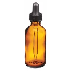 Amber soda lime glass dropper bottle with Boston Round shape. 30 mL capacity, 31 mm body diameter. Protects light-sensitive liquids from UV degradation. Suitable for precise dispensing in laboratory and chemical settings.