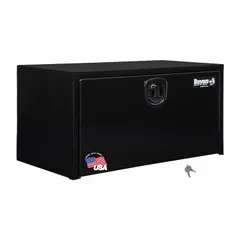 Single drop-down door box constructed of black steel with a keyed lock for secure storage. Suitable for mounting on vehicles to organize and protect tools and equipment during transport.