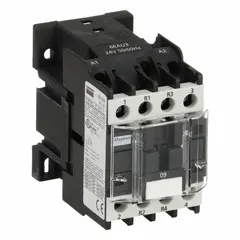 This 4-pole non-reversing IEC contactor is rated for 9 A with a 24V AC coil and features 2 normally open and 2 normally closed contacts. It is used for switching electrical loads in motor control and automation systems, such as controlling pumps, fans, conveyors, and compressors. Integrated surge suppression is not included.