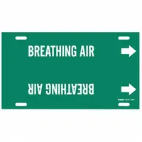 Green pipe marker with white 'Breathing Air' legend and directional arrows. Fits pipe outer diameters from 10 to 15 inches. Used to label pipes carrying breathable air in industrial facilities, aiding in compliance with safety standards and preventing misconnection