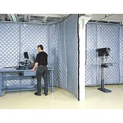 Track-mounted hanging acoustic curtain for noise control in industrial environments. Straight panel shape, 4 ft wide by 50 ft long, 1 in thick. Includes connectors for installation. Suitable for use in manufacturing plants, machine shops, and similar facilities.