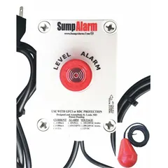 This liquid-level alarm operates on 120V AC and includes a tether float switch for high-level detection. It features auto/manual mode and provides a 90 dB audio/visual alert for one alarm input. No battery backup is included. Typical applications include monitoring sump pits, tanks, or other liquid containment areas to warn of rising levels.