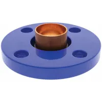 This wrot copper tube flange features a cup x flange connection, designed for sweat (solder) installation. It connects 1 1/4 in CTS copper tubing to 1 1/4 in pipe, providing a transition for use in plumbing and HVAC systems