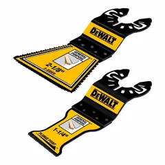 Set of two semi-circular oscillating tool blades with universal open-back OIS mount. Blades are model DWA4258. Suitable for plunge cutting in wood, drywall, and plastics, as well as grout removal and adhesive scraping when used with compatible oscillating multi-tools.