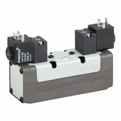 Double solenoid, five-way/two-position directional control valve with internal pilot and non-locking detent. Rated for 110V AC. Suitable for pneumatic actuator control in industrial automation systems.