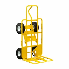 This ergonomic tilt-back hand truck from SNAP-LOC features a yellow steel frame with a single-loop handle and a 10-inch flat-free rubber wheel. It is designed for moving heavy loads in warehouses, factories, and distribution centers, reducing worker strain during material handling.